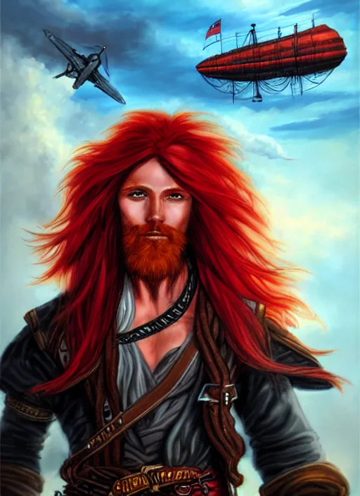 Image similar to an epic fantasy comic book style portrait painting of a long haired, red headed male sky - pirate in front of an airship in the style of eve ventrue