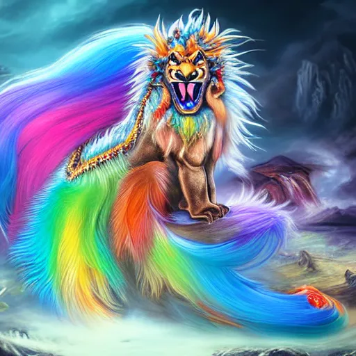 Prompt: cute fluffy baby chinese dragon with long colorful flowing lion mane with mohawk hairstyle hybrid animal detailed painting 4 k