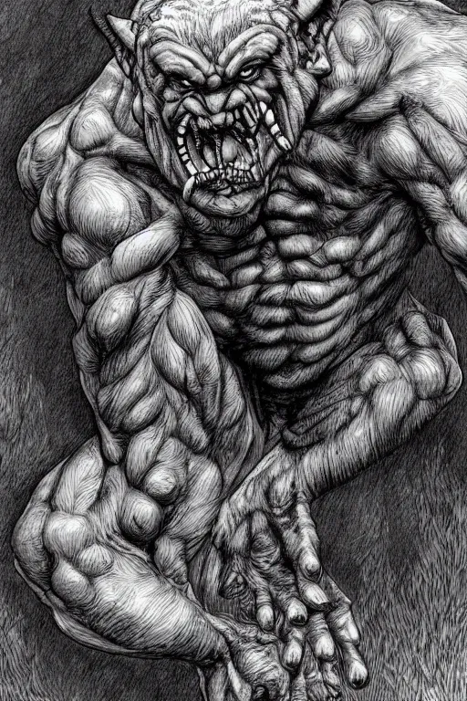 Image similar to humanoid hunched figure troll with 1 horn, ogre, ape, highly detailed, digital art, sharp focus, trending on art station, kentaro miura manga art style