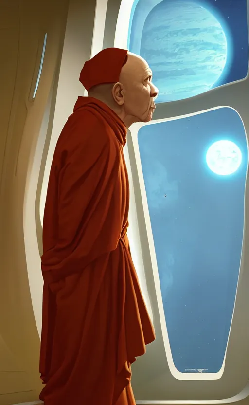 Image similar to portrait of a blind monk in a spaceship, looking out the window at a planet, orange robe, dramatic lighting, artstation, matte painting, ralph mcquarrie