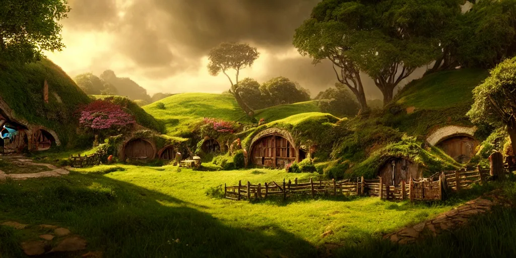 Prompt: the shire. hobbits village, concept art. epic. cinematic. 3 5 mm film. photorealistic, high details, artstation.