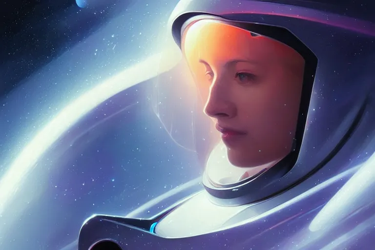 Image similar to Portrait of a Futuristic astronaut reflective visor mirror spacesuit reflecting a nebula supernova in space, portrait, elegant, intricate, digital painting, artstation, concept art, smooth, sharp focus, illustration, art by artgerm and greg rutkowski and alphonse mucha