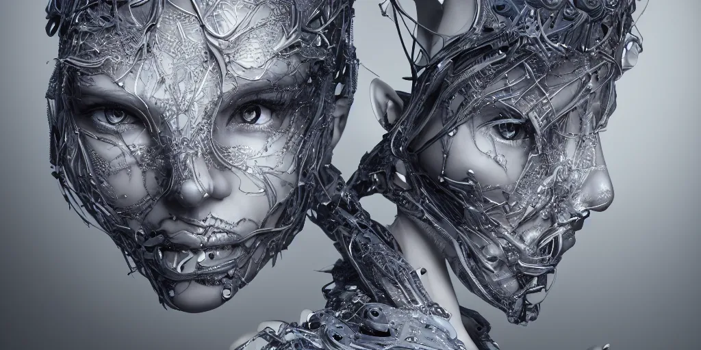Image similar to hyper realistic photography of a stunningly beautiful cyborg female, incredibly beautiful, symmetrical face, intimate, holding close, hands, in the style of beth cavener, jin kagetsu,, and wlop, highly detailed, intricate filigree, masterpiece, award winning, sharp focus, concept art, ringflash lighting, ambient lighting, octane render, 8 k, artstation