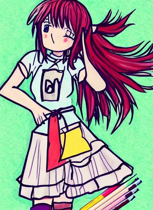 Image similar to very poorly drawn anime girl, cute outfit, posing, crayon art, very silly looking, very anime