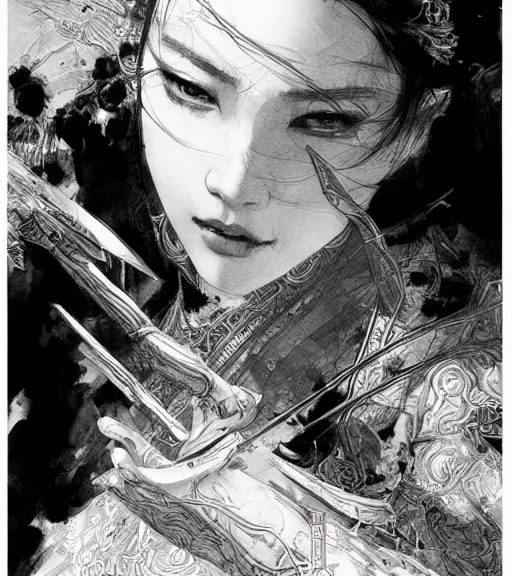 Image similar to hua mulan, pen and ink, intricate line drawings, by craig mullins, ruan jia, kentaro miura, greg rutkowski, loundraw