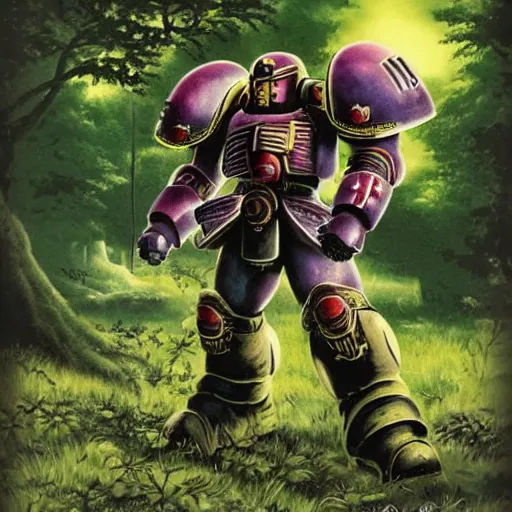 Prompt: japanese, imperium space marine, lush pastoral woodland scene, pulp science fiction illustration