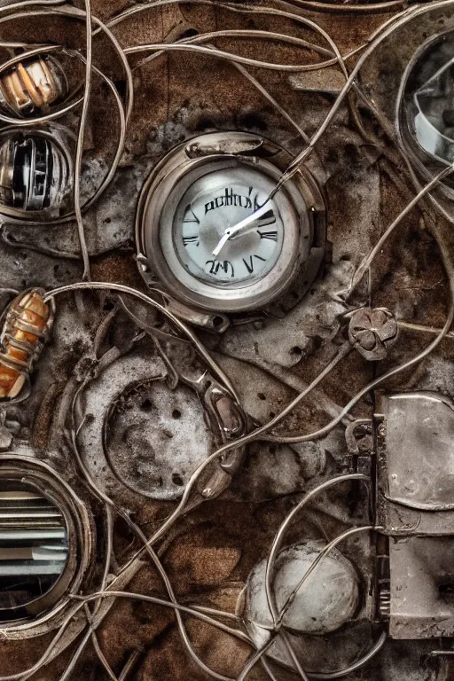 Image similar to A photo of time traveling device, capacitors and coils inside by Annie Lebovitz and Steve McCurry, grungy, weathered Ultra detailed, hyper realistic, 4k