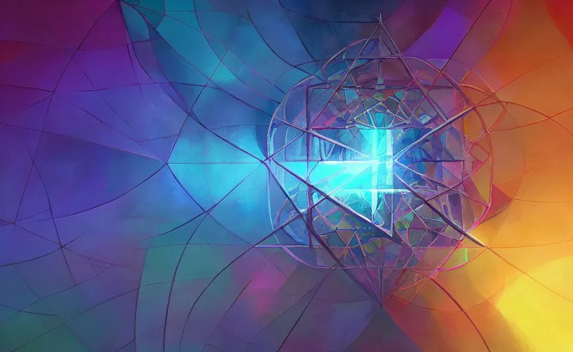 Image similar to a painting of a sacred geometry trending on artstation in the style of greg rutkowski, 3 d, fractal, 4 d, endless, rainbow, geometric tesseract, symmetry, wallpaper, sacred, 5 d, circle, acrylic