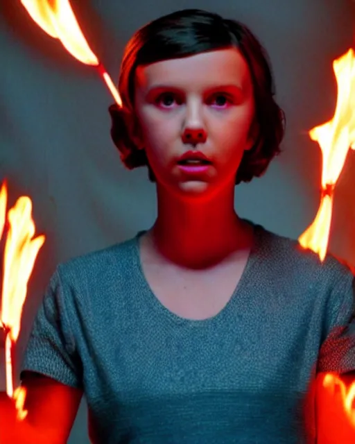 Image similar to Millie Bobby Brown made of fire, cinematic