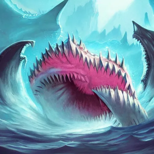 Image similar to d & d fantasy art, a huge human mouth with large flat teeth, large dorsal fins swimming through a dark ocean, pink skin, sinew, concept art, character art, horror