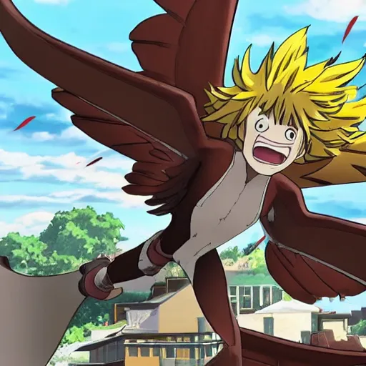 Prompt: large feathered brown wyvern in My Hero Academia latching onto the top of U.A High School roaring, detailed