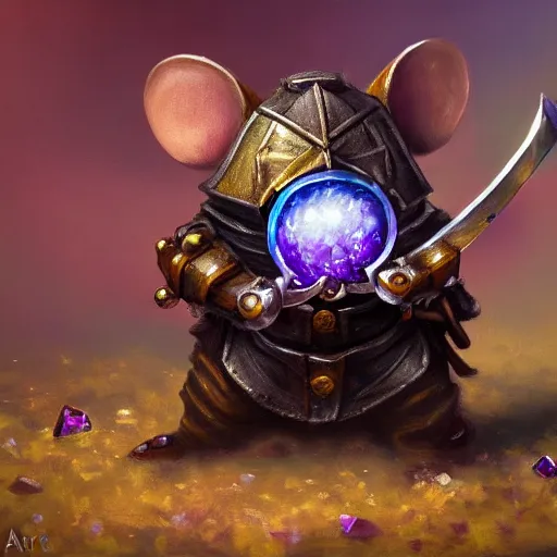 Image similar to armored mouse warrior holding a sword reaches for a purple crystal, trending on Artstation, Oil Painting, 8k, UHD