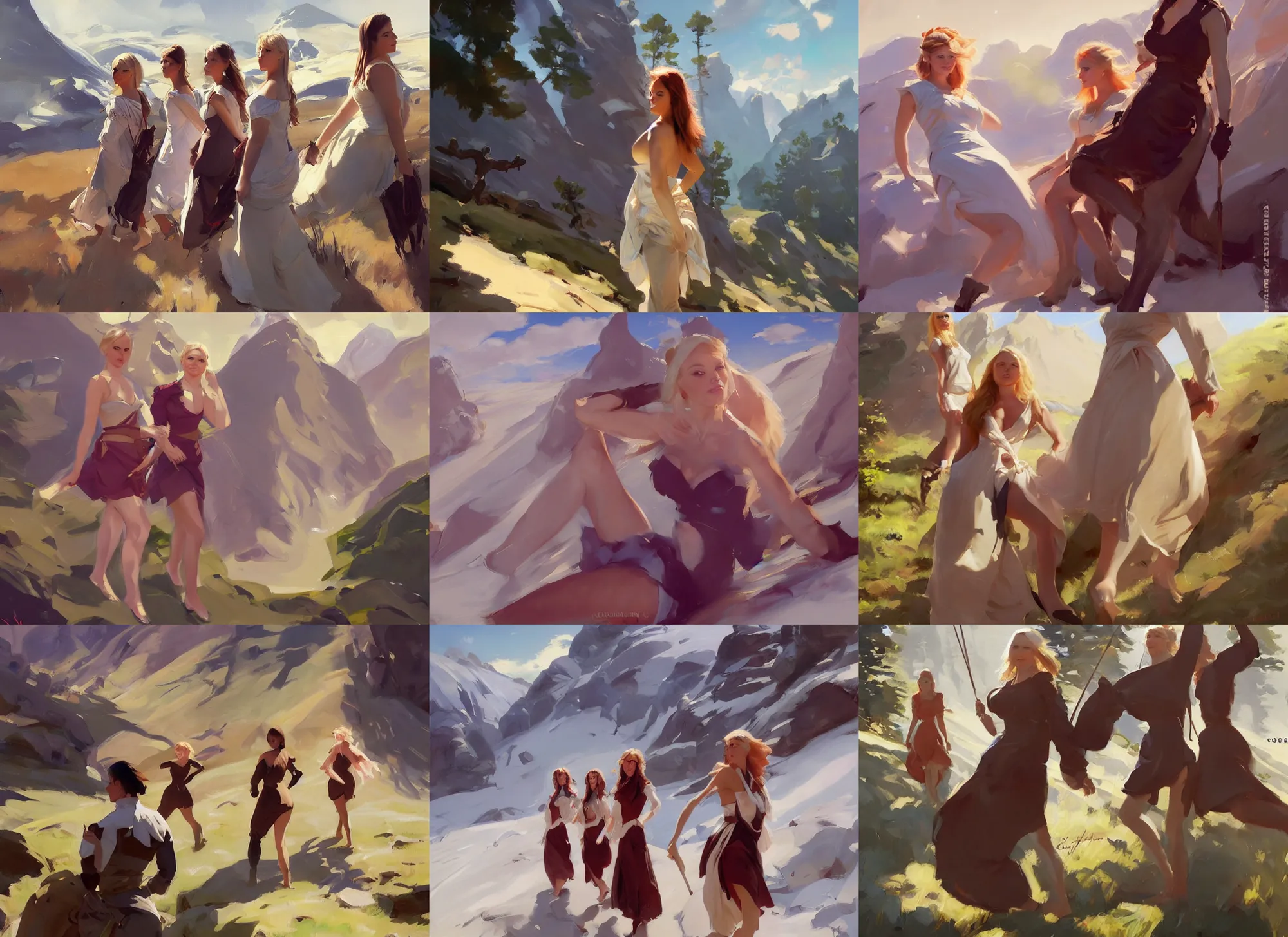 Prompt: five of beautiful finnish norwegian swedish scandinavian attractive glamour models wearing stola walking in the mountains in a sunny day, jodhpurs greg manchess painting by sargent and leyendecker, studio ghibli fantasy medium shot asymmetrical intricate elegant matte painting illustration hearthstone, by greg rutkowski by greg tocchini by james gilleard