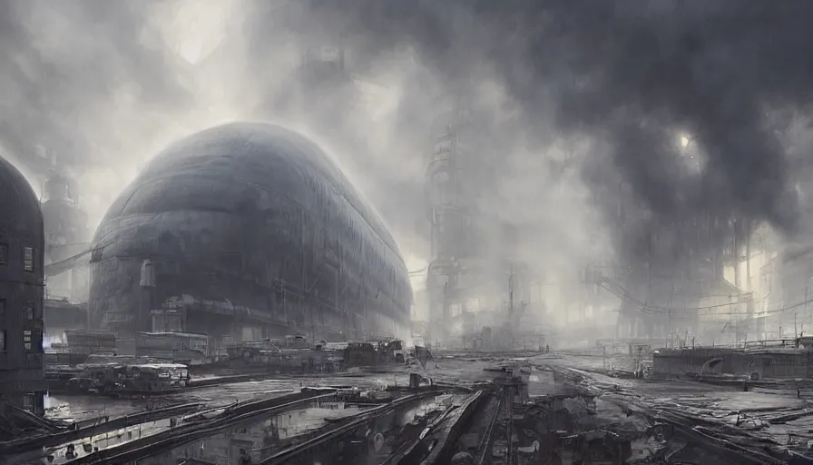 Image similar to Dieselpunk Norilsk city, giant zeppelins in the sky, steam, factory plants with dark smoke in the background, epic composition, intricate, elegant, volumetric lighting, digital painting, highly detailed, artstation, sharp focus, illustration, concept art, ruan jia, steve mccurry