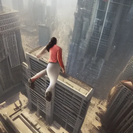 Prompt: a woman standing on top of a tall building, a detailed matte painting by Jeremy Geddes, trending on cgsociety, panfuturism, playstation 5 screenshot, unreal engine, unreal engine 5