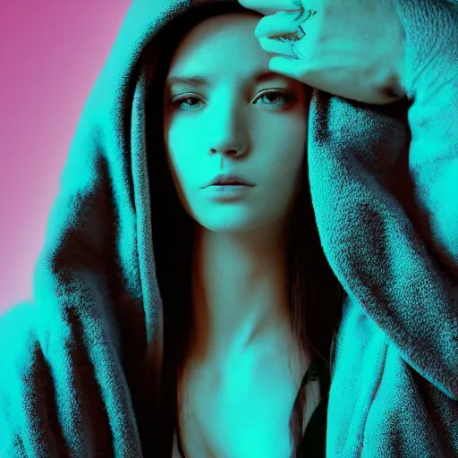 Prompt: highly detailed digital romantic painted portrait of a beautiful woman wearing a hoodie. moody and melanchony. sharp lighting. has a bit of cyan and pink.