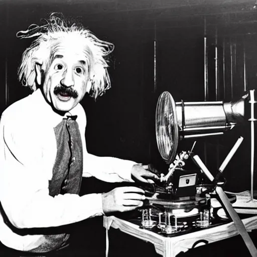 Image similar to photo of Albert Einstein DJing a phonograph, vintage, highly detailed facial features