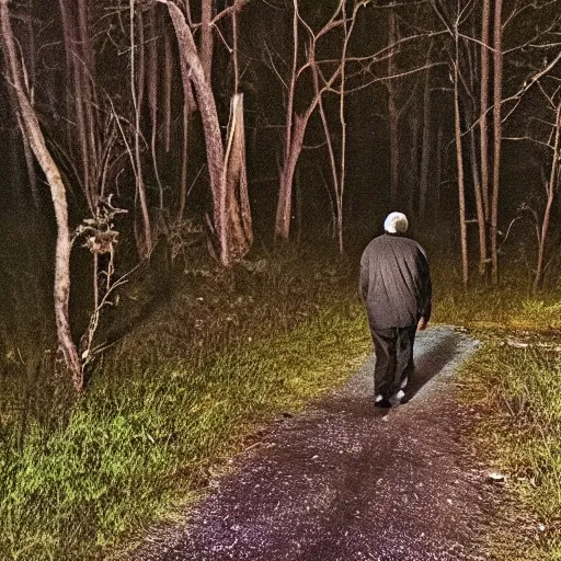 Prompt: old black man walking in woods at night, trail cam footage,