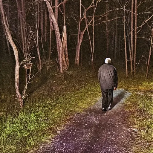 Image similar to old black man walking in woods at night, trail cam footage,