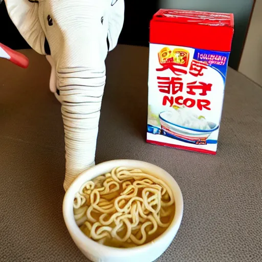 Prompt: A white elephant is eating instant noodles.