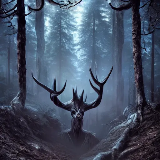 Prompt: Photorealistic wendigo in an ominous forest. Hyperdetailed photorealism, 108 megapixels, amazing depth, glowing rich colors, powerful imagery, psychedelic Overtones, 3D finalrender, 3d shading, cinematic lighting, artstation concept art