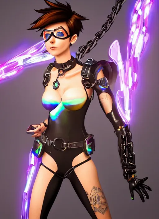 Prompt: full body digital artwork of tracer overwatch, wearing black iridescent rainbow latex bra, 4 k, expressive happy smug expression, makeup, in style of mark arian, wearing detailed black leather collar, wearing chains, black leather harness, leather cuffs around wrists, detailed face and eyes,