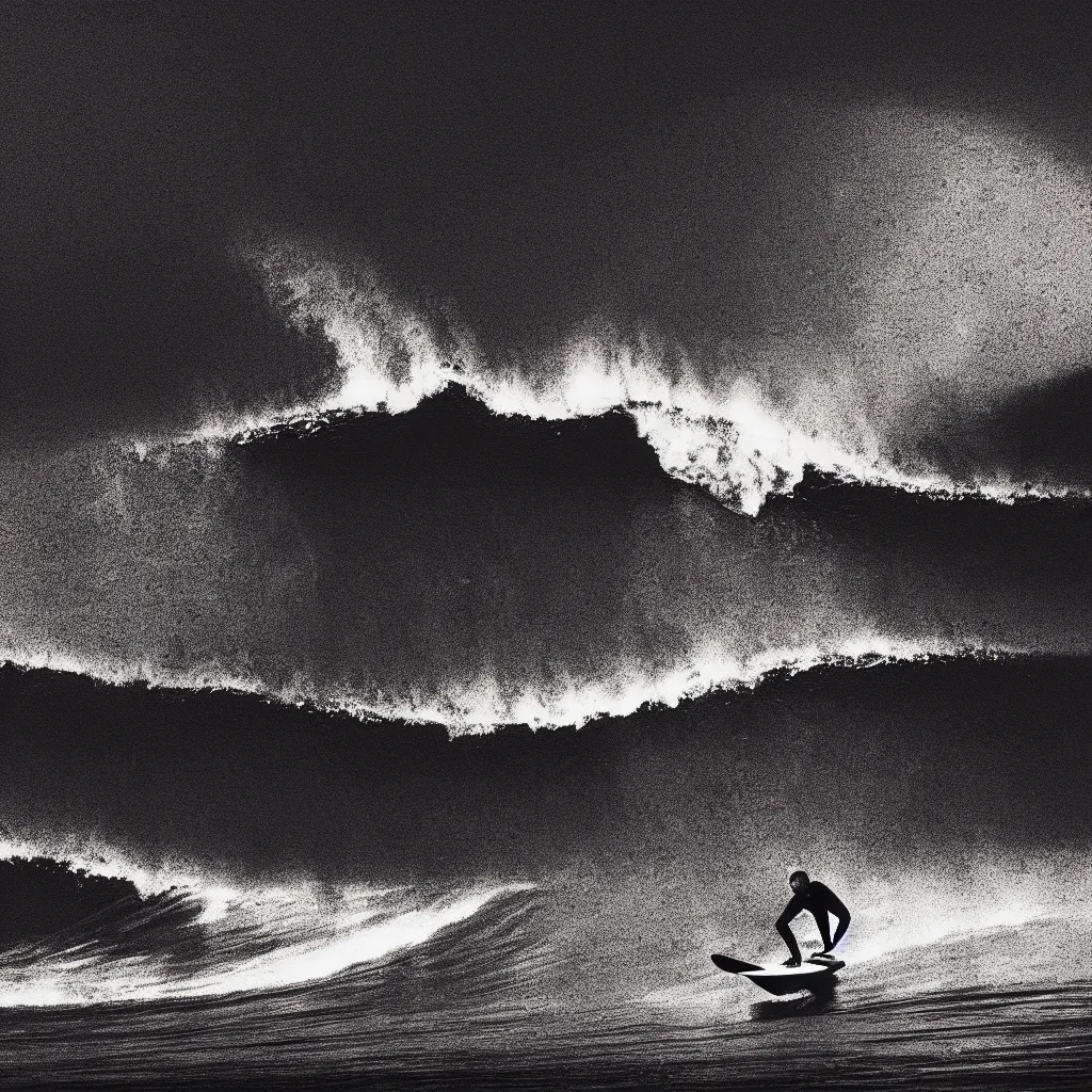 Image similar to surfing wave, mads berg, karolis strautniekas, film noir, stippled light, dramatic lighting, editorial illustration, detailed, fine texture, matte print, art deco, brutalism, dark blue + dark orange, red, black, ( ( habitat 6 7 background ) )