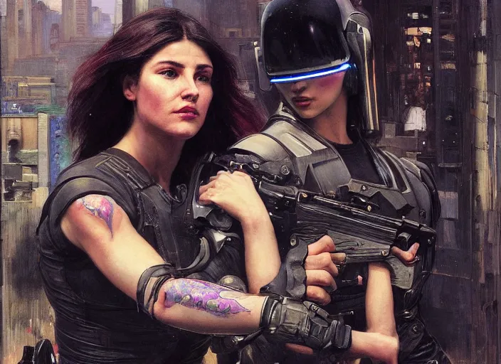 Prompt: Sophia evades sgt Griggs. Athletic Cyberpunk hacker defeating Menacing Cyberpunk police trooper griggs. (dystopian, police state, Cyberpunk 2077, bladerunner 2049). Iranian orientalist portrait by john william waterhouse and Edwin Longsden Long and Theodore Ralli and Nasreddine Dinet, oil on canvas. Cinematic, vivid colors, hyper realism, realistic proportions, dramatic lighting, high detail 4k