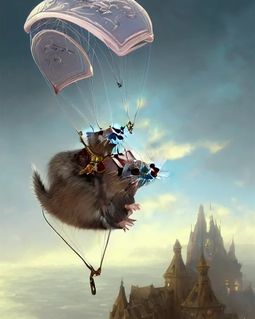 Prompt: cute pet rat parachuting from a plane, deep focus, d & d, fantasy, intricate, elegant, highly detailed, digital painting, artstation, concept art, matte, sharp focus, illustration, hearthstone, art by artgerm and greg rutkowski and alphonse mucha