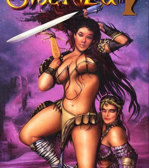 Prompt: 1 9 8 0 s fantasy novel book cover, bbw plus size amazonian ariana grande in extremely tight bikini armor wielding a cartoonishly large sword, exaggerated body features, dark and smoky background, low quality print