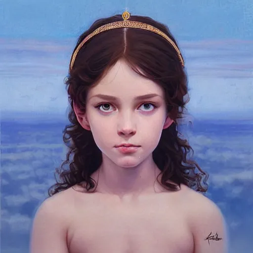 Image similar to a little girl with short wavy curly light brown hair and blue eyes, a space empress in byzantine style. beautiful highly detailed face, painting by ilya kuvshinov