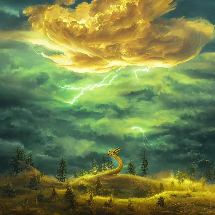 Prompt: beautiful oil painting of single golden eastern dragon in sky, green lightning, night clouds, above forest, high detail, trending on artstation