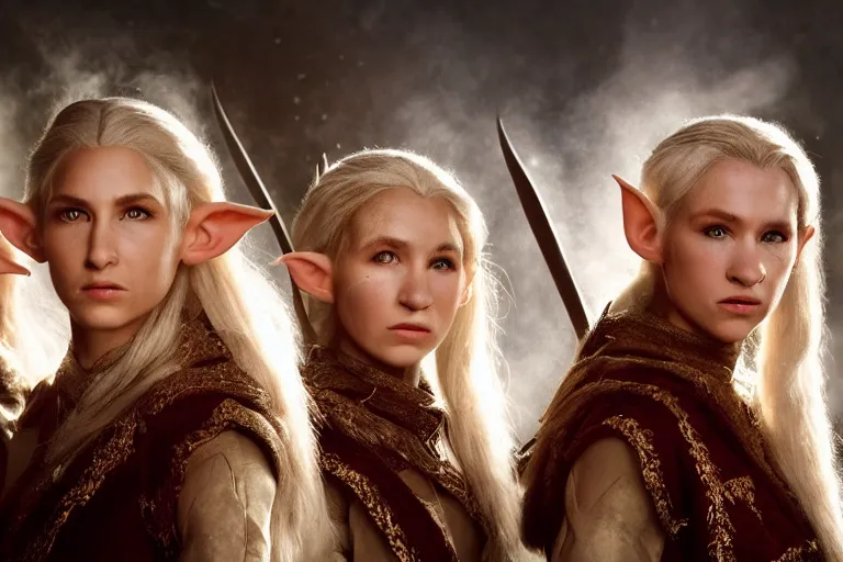 Prompt: a cinematic headshot portrait of three female elf warriors, 8 k, ultra realistic, dramatic lighting, mist, by annie leibovitz