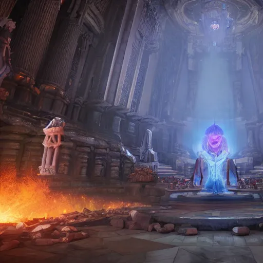 Prompt: a cyclops druid in shining wizard robes in a large marble temple surrounded by shadowy figures made of embers, studio ghibli, pixar and disney animation, sharp, rendered in unreal engine 5, anime key art by greg rutkowski and nixeu, full bloom, vibrant lighting