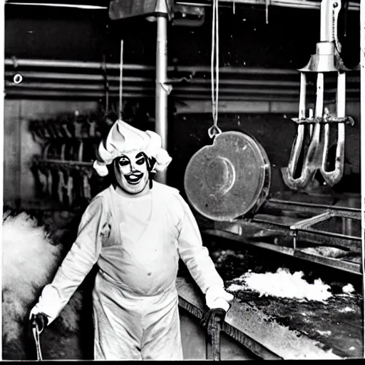 Image similar to ronald mcdonald working in a slaughterhouse.