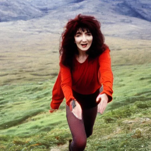 Prompt: rare found footage of Kate Bush attempting to run up that hill