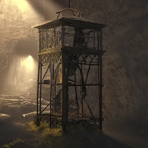 Image similar to an abandoned old rusty clocktower in a dark enormous cave, Low level light , digital art, unreal engine, trending on artstation, 4K UHD image