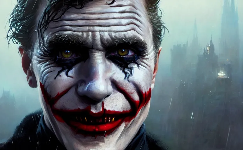 Image similar to highly detailed portrait of christoph waltz as the joker, in batman comic book, stephen bliss, unreal engine, fantasy art by greg rutkowski, loish, rhads, ferdinand knab, makoto shinkai and lois van baarle, ilya kuvshinov, rossdraws, tom bagshaw, global illumination, radiant light, detailed and intricate environment