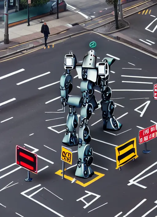 Image similar to a giant mecha robot made out of road signs walking down a street, photorealistic, highly detailed, hyper realistic, cinimatic, 8 k,