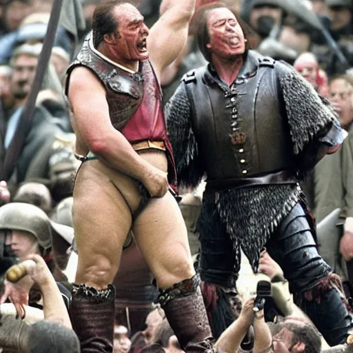 Prompt: Silvio Berlusconi the orc chieftain cry at the sky as he watches his brother slain in battle