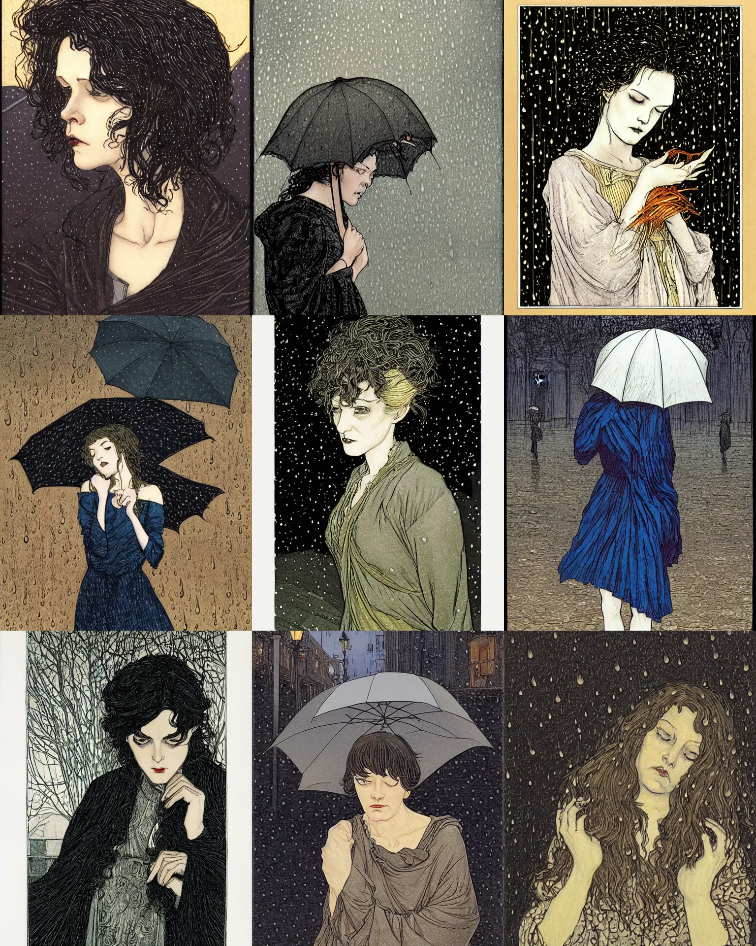 Prompt: portrait of a sad middle - aged woman, rain, street at night, melancholy, art by rebecca guay