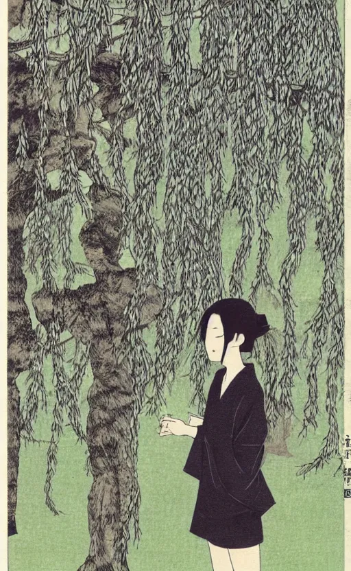 Prompt: by akio watanabe, manga art, girl next to male writer, willow tree and hill, trading card front, kimono, realistic anatomy, sun in the background