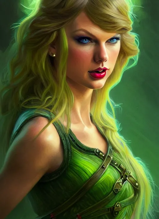 Image similar to portrait of taylor swift as a goblin, d & d, muscular! green, fantasy, intricate, elegant, highly detailed, digital painting, artstation, concept art, smooth, sharp focus, illustration, art by artgerm and greg rutkowski and alphonse mucha
