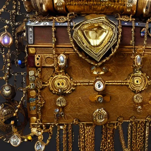 Image similar to A Dwemer chest filled with jewels and golden artefacts, 4k, hdri, museum quality photo