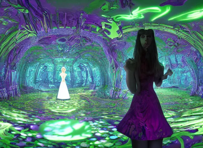 Prompt: vfx surreal 3 d portrait of alice from wonderland walking into a non - euclidean and infinite tunnel of evanescent hallucinatory images in endless mirrors that temporarily cling to a virtual node of experience called the self in an illusion called spacetime, hyperdetailed, octane render, by jeff soto and daniel merriam and pixar, nvidia raytracing demo