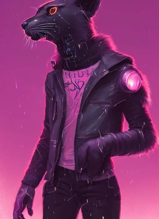 Image similar to award winning beautiful portrait commission of a male furry anthro puma fursona with a tail and a cute beautiful attractive detailed furry face wearing stylish black and pink cyberpunk clothes in a cyberpunk city at night while it rains. Character design by charlie bowater, ross tran, artgerm, and makoto shinkai, detailed, inked, western comic book art