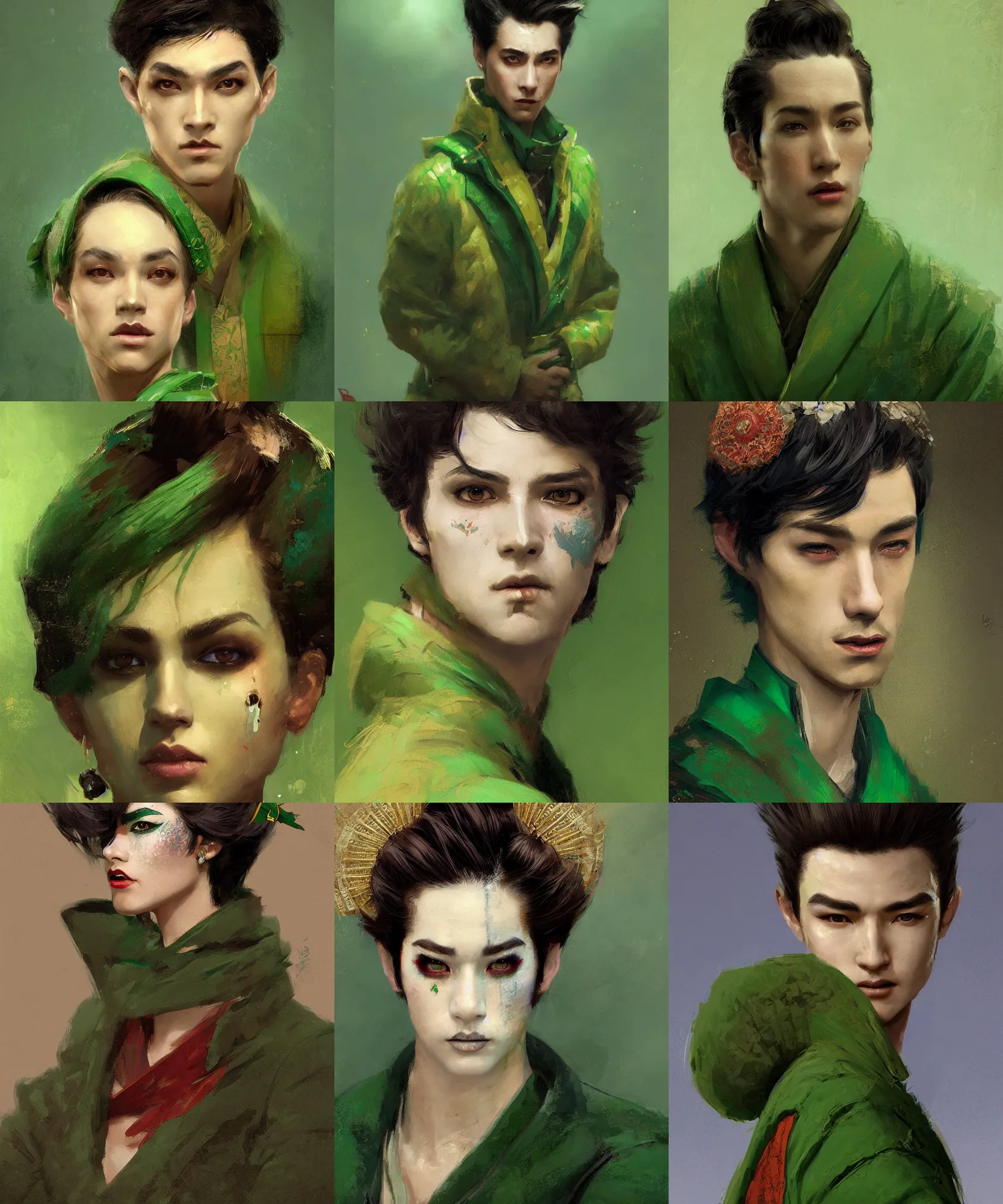 Prompt: digital art painting of young handsome guy dnd portrait, short hair, remarkable geisha make up, wearing a green jacket painted by craig mullins and gaston bussiere and greg rutkowski, symmetrical face, defined facial features, symmetrical facial features, dramatic lighting, ambient lighting, close up