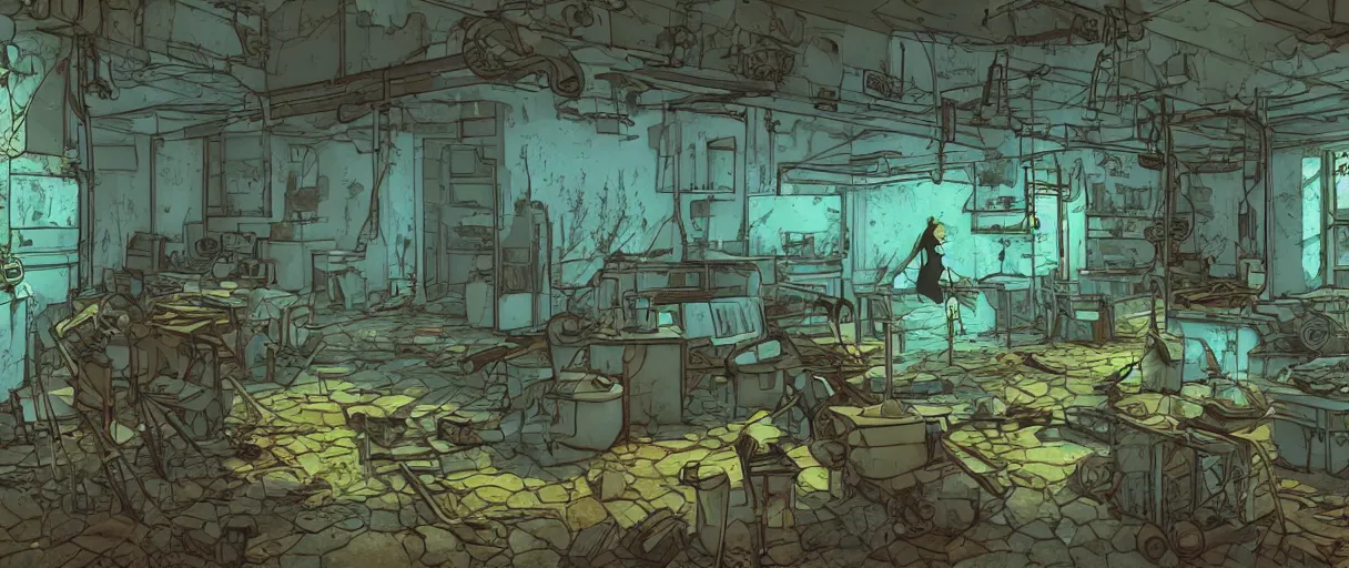 Image similar to abandoned laboroatory from cold war era faded out colors place mosquet painting digital illustration hdr stylized digital illustration video game icon global illumination ray tracing advanced technology that looks like it is from borderlands and by feng zhu and loish and laurie greasley, victo ngai, andreas rocha, john harris
