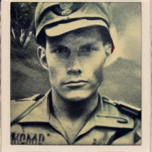 Prompt: A polaroid of Jerma985 in military gear, taken during the vietnam war, realistic, hyperrealistic, very realistic, highly detailed, very detailed, extremely detailed, detailed, digital art, trending on artstation