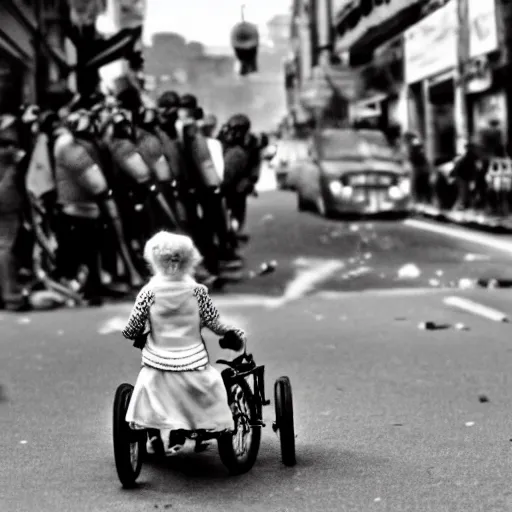 Image similar to queen elizabeth riding a tiny tricycle through a street riot, bokeh, high contrast, low angle